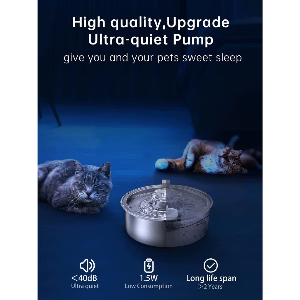 2L Stainless Steel Cat Water Fountain – Automatic Circulating Pet Fountain with Ultra-Quiet Pump & LED Light